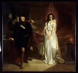 Lady Macbeth. Ilustrace k divadelní hře „Macbeth“ od Williama Shakespeara. Žena v noční košili je ponižována jinou ženou před vyděšeným mužem. Obraz Charlese Louise Mullera (1815-1892), 1848, Amiens, Musée de Picardie.