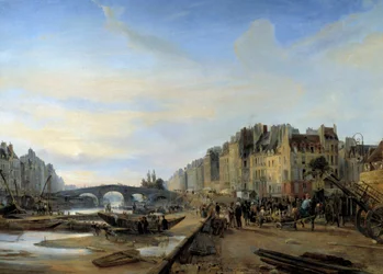 Marie Bridge a Saint Paul Harbour kolem roku 1825. Pohled na Paříž. Obraz Charles Louis Mozin (1806-1862)