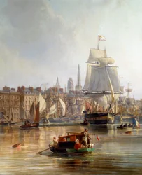 Loď v přístavu Rouen v roce 1855 Detail. Obraz Charles Louis Mozin (1806-1862) 1855 Rouen, Musee des Beaux Arts