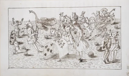 Alice a Červená královna hrají kroket, ilustrace z kapitoly IV „Alenka v říši divů“ (pero a inkoust na papíře)