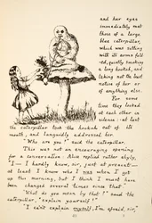 Alenka dostává radu od modré housenky, ilustrace z knihy Alenčina dobrodružství v podzemí, pub. 1886 (faksimile)