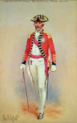 Sir William Howe, vrchní velitel britské armády (1776-78) v celých šatech sesedl z koně
