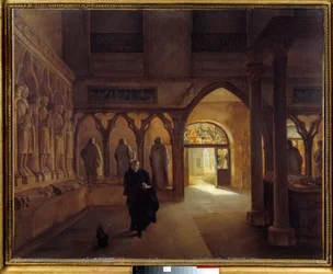 Sochařská místnost ze 14. století v Musee des Monuments Français Francouzská archeologička Marie Alexandre Lenoir (1761-1839) v popředí. Obraz Charlese Marie Boutona (1781-1853) 1815 Ne. 0,6x0,73 m Paříž. Muzeum karnevalu