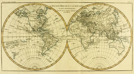 Mapa světa ve dvou polokoulích, z díla „Atlas de Toutes les Parties Connues du Globe Terrestre“ Guillaumea Raynala (1713-96), vydaného v Ženevě, 1780