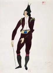 Kostým pro postavu Fiorella z Lazebníka sevillského od Gioacchina Rossiniho, skica Charlese Martina (1884-1934)