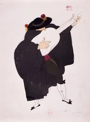 Kostým pro postavu kytaristy z Lazebníka sevillského od Gioacchina Rossiniho, skica Charlese Martina (1884-1934)