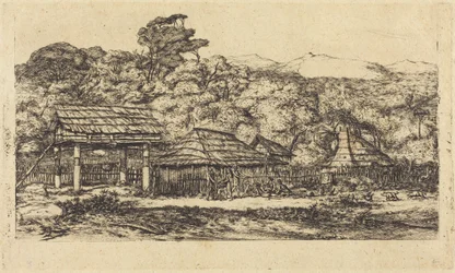 Domorodé sýpky a chýše v Akaroa, poloostrov Banks, 1845