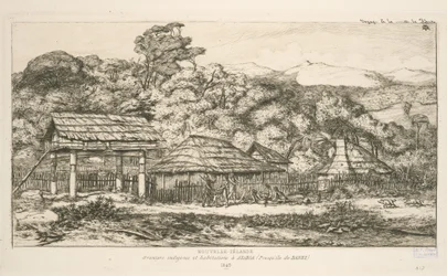 Původní sýpky a obydlí v Akaroa, poloostrov Banks, ilustrace z „Etchings of the Pacific“