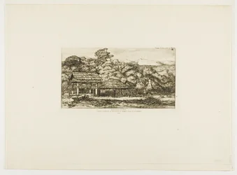 Domorodé stodoly a chatrče v Akaroa, Banksův poloostrov, 1845