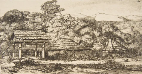 Native Barns and Huts at Akaroa, Banks Peninsula, 1845, 1860.