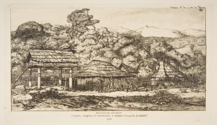 Domorodé stodoly a chýše v Akaroa na poloostrově Banks, 1845, z knihy „Cesta na Nový Zéland (1842-46)“