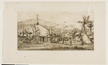 Nová Kaledonie: Velká nativní chýše na cestě z Balade do Puépo, 1845