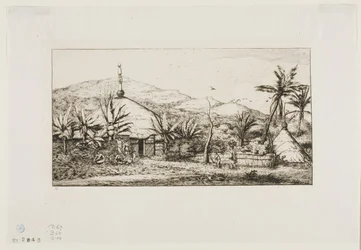 Nová Kaledonie: Velká nativní chýše na cestě z Balade do Puépo, 1845