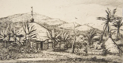 Nová Kaledonie: Velká domorodá chata na cestě z Balade do Puebo, 1845, 1863.
