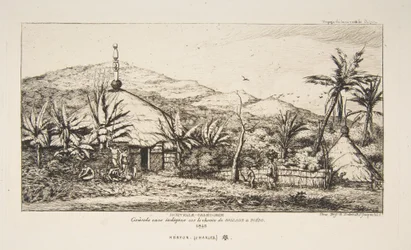 Nová Kaledonie: Velká domorodá chýše na cestě z Balade do Puebo, 1845, z knihy „Cesta na Nový Zéland (1842-46)“