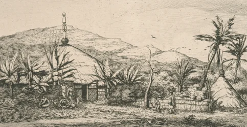 Nová Kaledonie, Nová Kaledonie: velká domorodá chata na chodníku do Poepo, ilustrace z „Etching of the Pacific...“, 1863