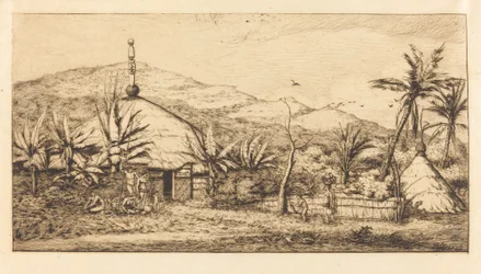Nová Kaledonie: Velká domorodá chata na cestě z Ballade do Poebo, 1845 (Nová Kaledonie: Velká domorodá chata na cestě z Balade do Pueba, 1845)