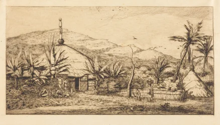 Nová Kaledonie: Velká domorodá chýše na cestě z Balade do Puebo, 1845