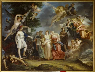 Age of Enlightenment: „“Triumfující Francie povzbuzuje vědu a umění uprostřed války““ Malba Charlese Meyniera (1768-1832) 1795 Paříž, Musee Marmottan