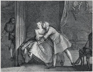 Ilustrace sluchadla a stojánku forem pro Les contes de La Fontaine, cca 1743”. rytina Charles-Nicolas Cochin (1715-1790).