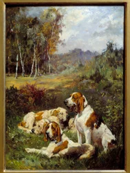 Čtyři lovečtí psi. Obraz Charles Olivier De Penne (1831-1897)