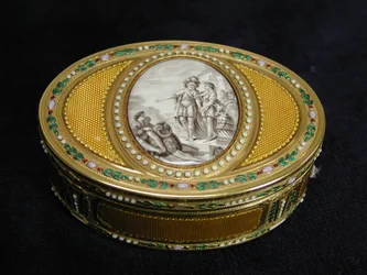 Tabatěrka s miniaturou zobrazující odchod Telemacha z Egypta, 1780-81.