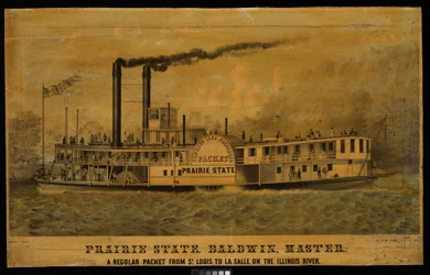 Prérijní stát. Baldwin, mistr. Pravidelná plavba ze St. Louis do La Salle na řece Illinois (litografie, kolorovaná)