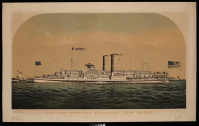 Nízkotlaký parník Nový svět. Plavba po řece Hudson mezi New Yorkem a Albany (litografie, kolorovaná)