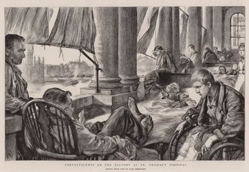 Rekonvalescenti na balkóně v nemocnici svatého Tomáše