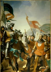 Stoletá válka (1337-1453): detail „“ bitvy u Cocherel, poblíž Evreux, kterou vyhrál Bernard du Guesclin (1320-1380) na vojsku navarrského krále, 16/05/1364““ Malba od Karla Philippe Lariviere (1798-1876) kolem 1837 Sun. 4,2x2,6m.