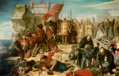 Osvobození obležené Malty. Město bylo v září 1565 obléháno osmanským generálem Mustaphou. Na obraze vede operaci Don Garcie z Toleda, místokrál Sicílie.