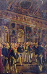 Senát představující Ludvíka Napoleona Bonaparta (1808-73) s výsledkem plebiscitu, který ho prohlásil císařem, v Saint-Cloud, 1. prosince 1852, 1852-71