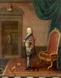 Jiří II v knihovně paláce sv. Jakuba kolem roku 1738 (olej na plátně)