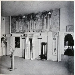 Vnitřní pohled na salon dekorativního umění ve Vídni, kolem roku 1900 (výzdoba a nábytek Charles Rennie a Margaret MacDonald Mackintosh)
