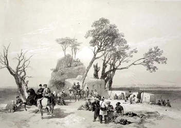 Panjab: Předsunutá základna Rhodawala Okupovaná Brity Piquety dne 10. února 1845, deska 8 z „Recollections of India“, vyrytá Jamesem Duffieldem Hardingem (1798-1863) 1847 (litho)