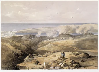 Ruské baterie v “”Sebastopol””” od CH.Hardinge. Litho od Vincenta Brookse, d. Londýn 1855 Henry Graves.