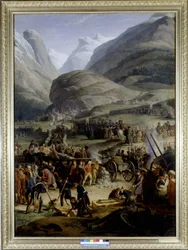 Francouzská armáda ve vesnici Saint Pierre pro přechod průsmyku Saint Bernard - u Charlese Thévenina, olejomalba, počátek 19. století.