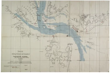 Náčrt zobrazující obranu a kanály Charleston Harbour, červen 1864 (inkoust na plátně)