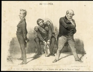 Ilustrace Charles Vernier (? -1887) v Le Charivari - prezident republiky, Ministere, Křeslo (symbol moci) - Napoleon III, Barrot Odilon (1791-1873), ministr, Faucher Leon (1803-1854)
