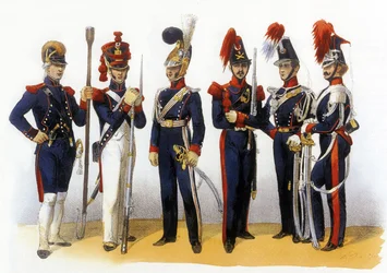 Uniformy francouzské armády: Národní garda (dělostřelectvo a kavalérie) 18-19 století, rytina Charlese Verniera (1831-1887)