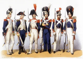Ranskan armeijan univormut, kansalliskaarti (jalkaväki) 18-1800-luvulla, kaiverrus Charles Vernier (1831-1887)