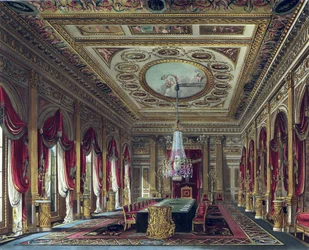 Trůnní sál, Carlton House, z „Dějiny královských sídel“, vyryl Thomas Sutherland (nar. 1785), William Henry Pyne (1769-1843), 1818