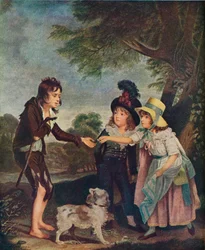 Portrét dětí sira Francise Fordse dávajících minci žebrákovi. Vystaveno 1793 1906