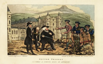Skotský zedník informuje anglické turisty, že jejich rezavý starobylý meč falchion je moderní čepel od Andrey Ferrary před palácem Holyrood v Edinburghu