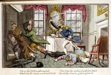 Jeho oko vystřelilo chřadnoucí pohled... z Dobrodružství poštárního kapitána, od námořního důstojníka, hospoda. 1820 (ručně kolorovaná akvatinta)