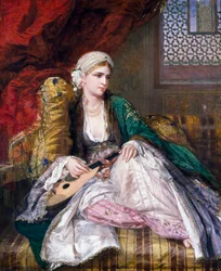 Orientalismus: evropská "orientální kráska" v turbanu a závoji (turecký styl) ležící s hudebním nástrojem. Obraz Charlese Wynne Nichollse (1831-1903) (preraphaelite) 1865
