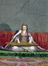 Turecká dívka hrající na klávesový drnkací nástroj, hospoda. 1707-08.