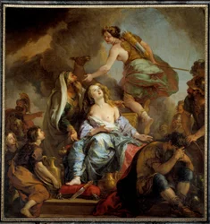 Oběť Ifigenie: král Agamemnón obětuje svou dceru, aby usmířil hněv Artemis. Obraz Charlese de Lafosse (1636-1716), 17. století. V. 2,24x2,12 m