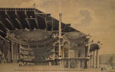 Interiér nové Salle de Comedie-Francaise v Théâtre de lOdéon, Paříž, 1776
