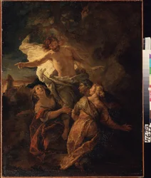 Kristus a svaté ženy. (Kristus a svaté ženy). Ježíš Kristus vstává před třemi pannami. Obraz Charlese de La Fosse (1636-1716), počátek 1680. Francouzské umění v barokním stylu. Olej na plátně. Puškinovo muzeum, Moskva.
